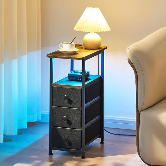 DALEMHOME Narrow End Table with Charging Station, Narrow Side Table with Drawer, Small Nightstand with LED Light, Skinny Nightstand, Small Bedside Table for Living Room, Bedroom, Couch, Rustic Brown