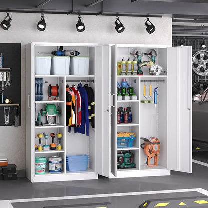 72" H Metal Garage Storage Cabinets, Lockable Broom Closet Cabinet with Hanging Rod & Doors, 5-Tier Steel Utility Cabinets for Garage, Laundry Room, Warehouse Storage, White