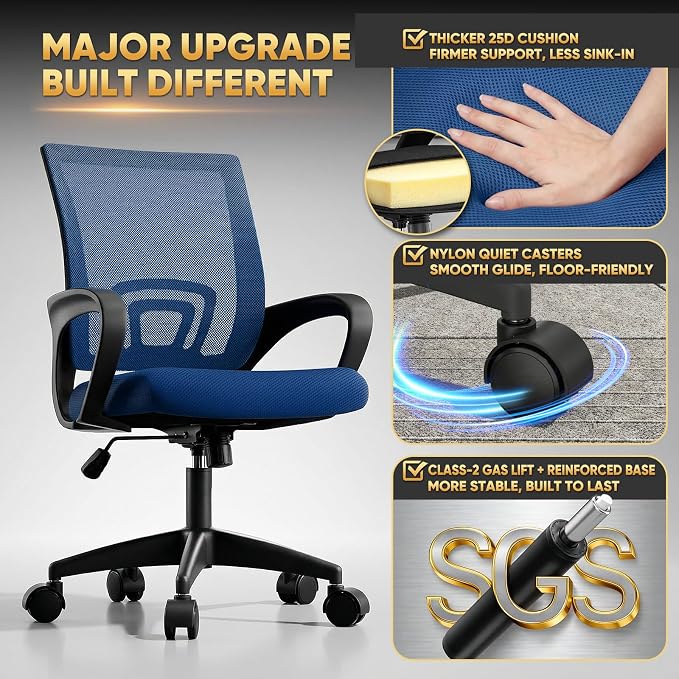 Magshion Ergonomic Office Chair 10 Pack, Mid-Back Mesh Desk Chair, Adjustable Swivel Computer Chair with Lumbar Support & Breathable Backrest for Gaming, Work, Study, 300 Lbs Capacity, Navy Blue