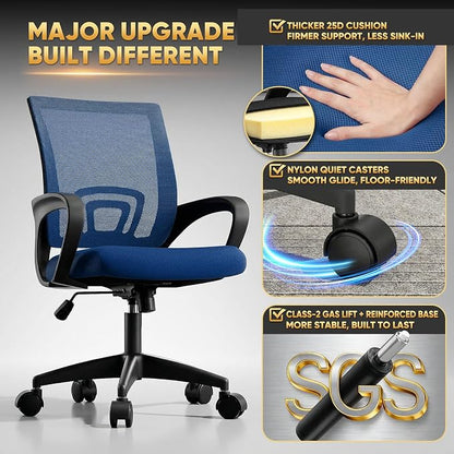 Magshion Ergonomic Office Chair 10 Pack, Mid-Back Mesh Desk Chair, Adjustable Swivel Computer Chair with Lumbar Support & Breathable Backrest for Gaming, Work, Study, 300 Lbs Capacity, Navy Blue