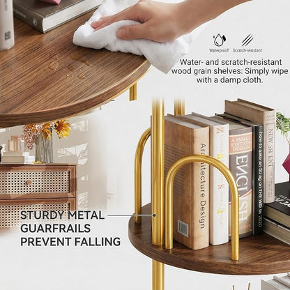 5-Tier Rotating Bookshelf, 360° Round Spinning Book Shelf Tower, Tall Skinny Wood & Metal Bookshelf for Corner/Office/Home, Modern Industrial Vintage Style