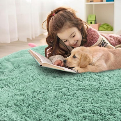 OLANLY Mint Green Round Rugs for Bedroom - Machine Washable, 9 ft Circle Area Rugs for Living Room, Soft and Fluffy Shaggy Carpet for Teen Girls and Boys, Nursery Rooms, Dorms, Home Decor Aesthetic