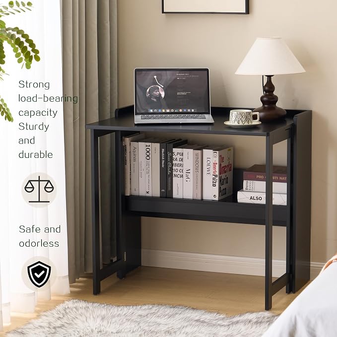 Foldable Desk，Folding Table with Storage Shelf,32.6 Inch Fold Out Computer Desk for Small Spaces,Writing Desk for Bedroom Home Office Dorm and Apartment (Black)