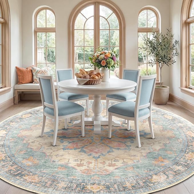 RELEANY Area Rugs Round 10ft Washable Non-Slip, Floral Vintage Distress Medallion Carpet for Living Room Bedroom Dining Room, Blue Orange Red