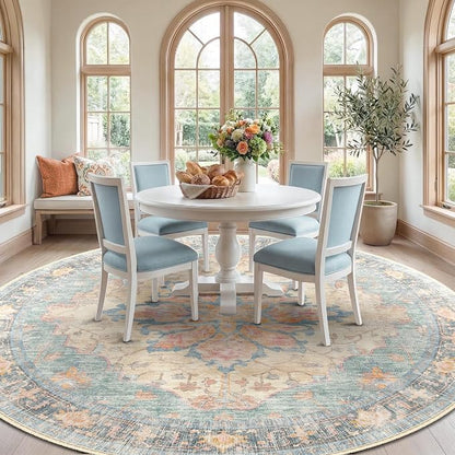 RELEANY Area Rugs Round 10ft Washable Non-Slip, Floral Vintage Distress Medallion Carpet for Living Room Bedroom Dining Room, Blue Orange Red