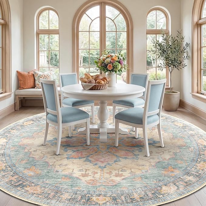 RELEANY Area Rugs Round 8ft Washable Non-Slip, Floral Vintage Distress Medallion Carpet for Living Room Bedroom Dining Room, Blue Orange Red