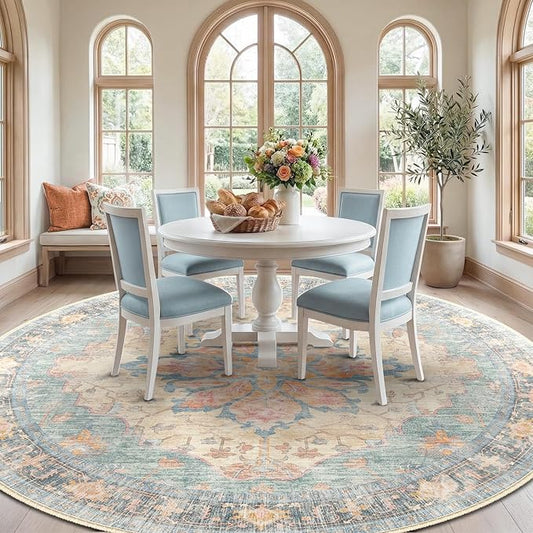 RELEANY Area Rugs Round 8ft Washable Non-Slip, Floral Vintage Distress Medallion Carpet for Living Room Bedroom Dining Room, Blue Orange Red