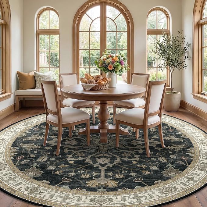 RELEANY Area Rugs Round 10ft Washable Non-Slip, Floral Vintage Distress Medallion Carpet for Living Room Bedroom Dining Room, Vintage Black Brown Neutral