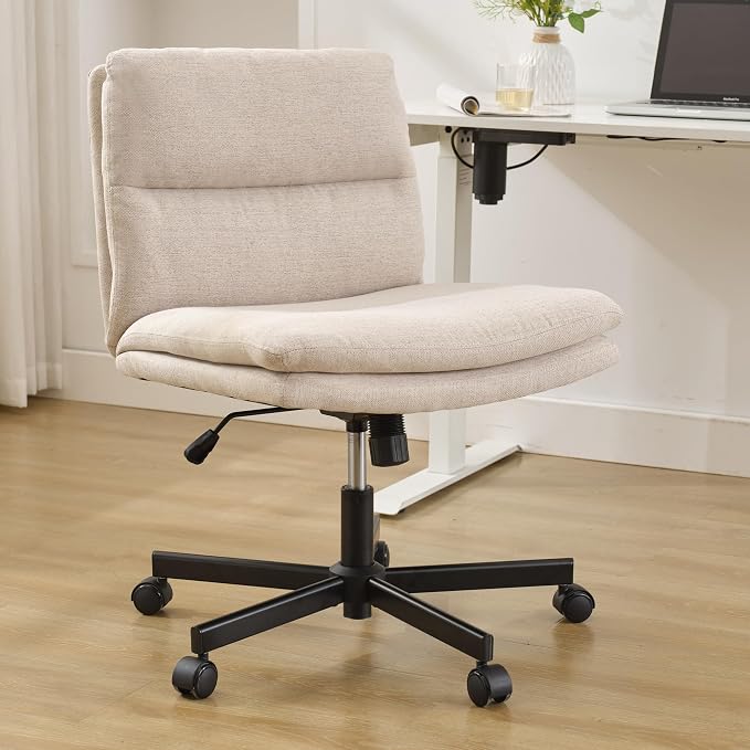 Okeysen Criss Cross Chair with Wheels, Armless Wide Seat Cross Legged Comfy Office Desk Chair, Height Adjustable Swivel Computer Task Chairs for Home, Office, Vanity, Beige