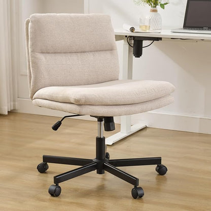 Okeysen Criss Cross Chair with Wheels, Armless Wide Seat Cross Legged Comfy Office Desk Chair, Height Adjustable Swivel Computer Task Chairs for Home, Office, Vanity, Beige