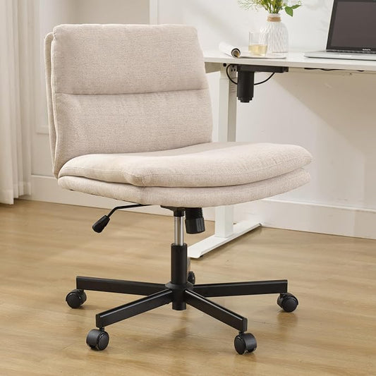 Okeysen Criss Cross Chair with Wheels, Armless Wide Seat Cross Legged Comfy Office Desk Chair, Height Adjustable Swivel Computer Task Chairs for Home, Office, Vanity, Beige