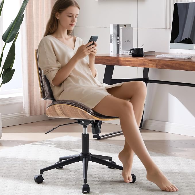 Walnut Bentwood Mid Back Armless Office Chair 1 Pack, Adjustable Height PU Leather Swivel Desk Chair with Wheels, Rolling Computer Task Chair for Home Office, Study, Meeting Room