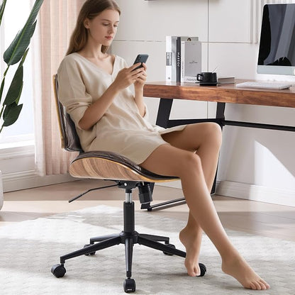 Walnut Bentwood Mid Back Armless Office Chair 1 Pack, Adjustable Height PU Leather Swivel Desk Chair with Wheels, Rolling Computer Task Chair for Home Office, Study, Meeting Room