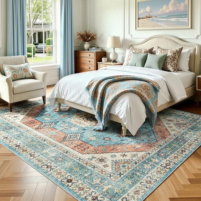 Lofus Vintage Living Room Rugs 8x10, Soft Machine Washable Area Rug for Bedroom Indoor Floor Home Office House Decor, Oriental Traditional Distressed Farmhouse Carpet, Boho Terracotta and Blue