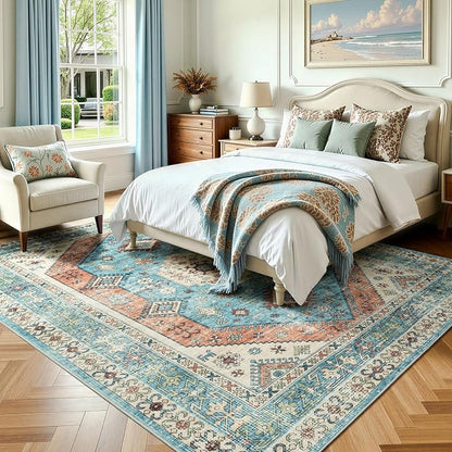 Lofus Vintage Living Room Rugs 8x10, Soft Machine Washable Area Rug for Bedroom Indoor Floor Home Office House Decor, Oriental Traditional Distressed Farmhouse Carpet, Boho Terracotta and Blue