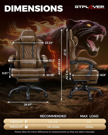 GTPLAYER Big and Tall Gaming Chair with Footrest, Ergonomic Office Desk Chair with 4.4in Thick Cushion and Wide Wingless Seat, Comfortable Leather Computer Chair, Predator Series, Rustic Brown