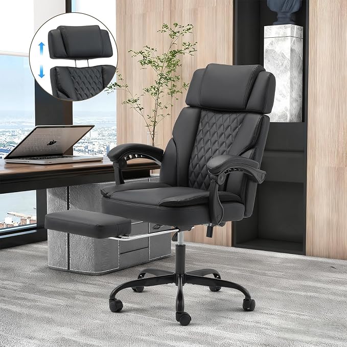 ECOTOUGE Executive Office Chair, Ergonomic Big and Tall Desk Chair with Adjustable Headrest,High PU Leather Comfy Heavy Duty Computer Chair with Foot Rest, Black