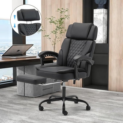 ECOTOUGE Executive Office Chair, Ergonomic Big and Tall Desk Chair with Adjustable Headrest,High PU Leather Comfy Heavy Duty Computer Chair with Foot Rest, Black