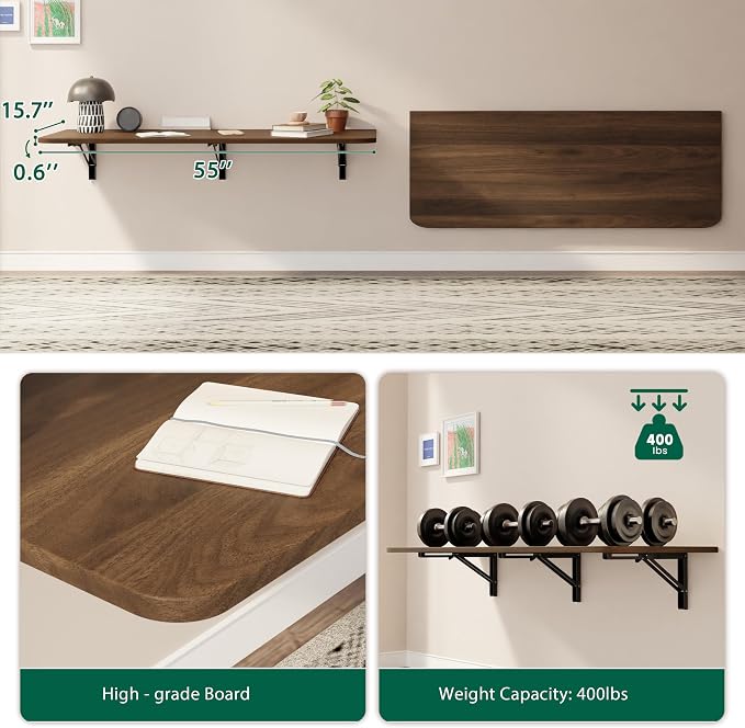 Dogsky Wall Mounted Folding Table, Floating Desk 55x15.7Inch, Fold Down Shelf Wall Mounted with Heavy Iron Brackets, Foldable Table for Launrdy Room, Office Study Work Bench, Kitchen Dining, Walnut