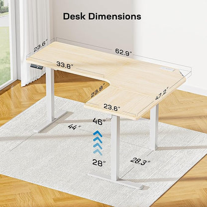 HUANUO 63″ L-Shaped Standing Desk, Built-in Power Outlets, Electric Height Adjustable Corner Computer Desk, Large Power Strip Holder, Sit Stand Up Desk with 3 Preset Heights, Natural Wood