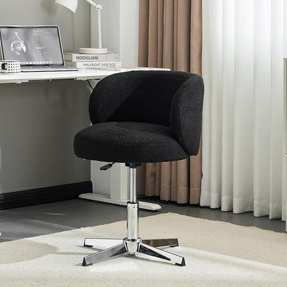 VINGLI Cute Small Swivel Desk Chair Comfy no Wheels,Ergonomic Low-Back Lumbar Support Vanity Nail Tech Computer Task Stool Chair for Home Office,Height Adjustable,Teddy Fleece,Black