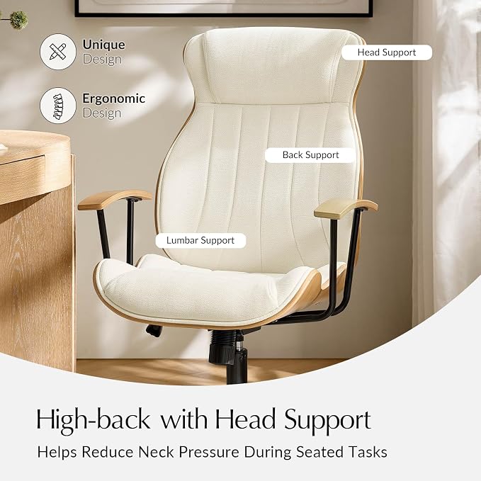 HULALA HOME Solid Wood Office Chair with Tilt Function, Mid Century Modern Bentwood Desk Chair with High Backrest, Height Adjustable Swivel Fabric Computer Task Chair, Ivory