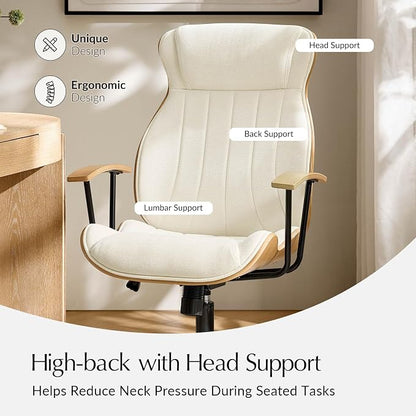 HULALA HOME Solid Wood Office Chair with Tilt Function, Mid Century Modern Bentwood Desk Chair with High Backrest, Height Adjustable Swivel Fabric Computer Task Chair, Ivory