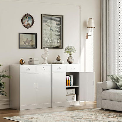 Metal Storage Cabinet, 36 Inch Tall Locking Cabinet with 2 Doors and 2 Drawers, Metal Cabinets with Adjustable Shelf, Garage Cabinets for Kitchen,Garage,Warehouse, White