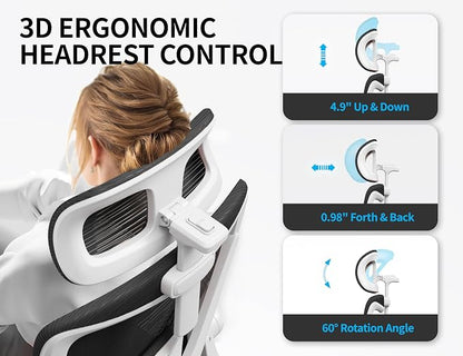 Ergonomic Office Chair - Mesh Desk Chair with Adjustable Lumbar Support High Back Computer Gaming Chairs - Big and Tall Office Chairs Adults, Comfortable for Long Hours, White Black