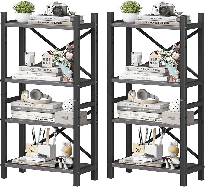 2-Pack Desktop Bookshelf, 4-Tier Stackable Narrow Bookcase, Adjustable Industrial Desk Organizer & Hutch - Rustic Brown Wood Desktop Book Organizer for Living Room, Bedroom & Home Office