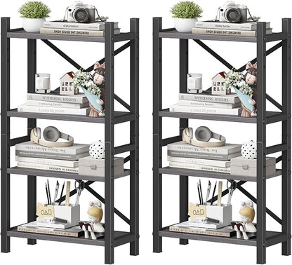 2-Pack Desktop Bookshelf, 4-Tier Stackable Narrow Bookcase, Adjustable Industrial Desk Organizer & Hutch - Rustic Brown Wood Desktop Book Organizer for Living Room, Bedroom & Home Office