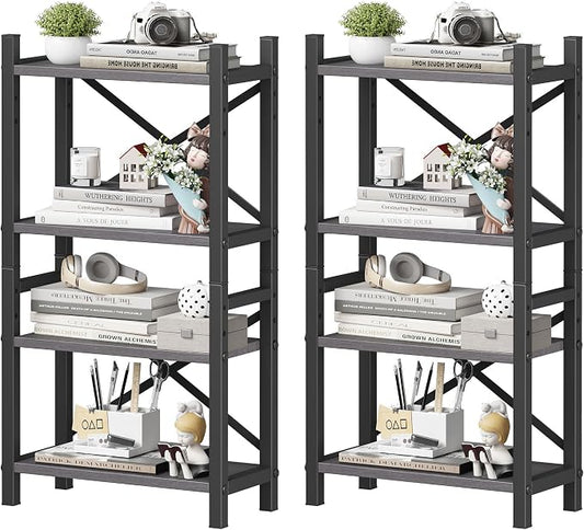 2-Pack Desktop Bookshelf, 4-Tier Stackable Narrow Bookcase, Adjustable Industrial Desk Organizer & Hutch - Rustic Brown Wood Desktop Book Organizer for Living Room, Bedroom & Home Office