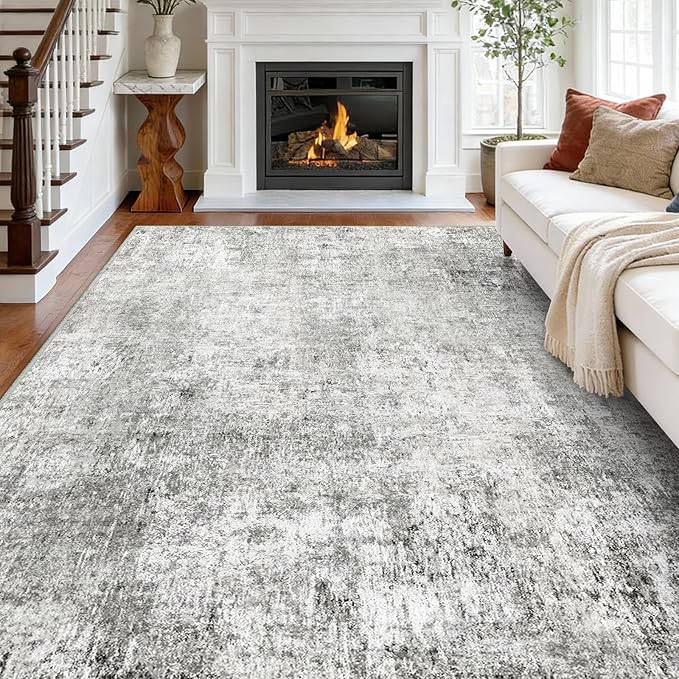RELEANY Washable Area Rugs 8'x10' Non-Slip Modern Abstract Soft for Living Room Entryway Bedroom Kitchen, Print Pattern, Gray White Grey