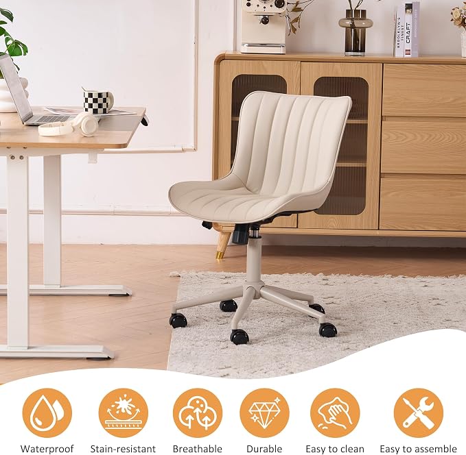 YOUNIKE Home Office Desk Chair with Wheels Armless Vanity Chair with Back Comfy Modern Leather Upholstered Rolling Task Chair Swivel Small Cute Sewing Chair No Arms Wide Adjustable Ergonomic Cream
