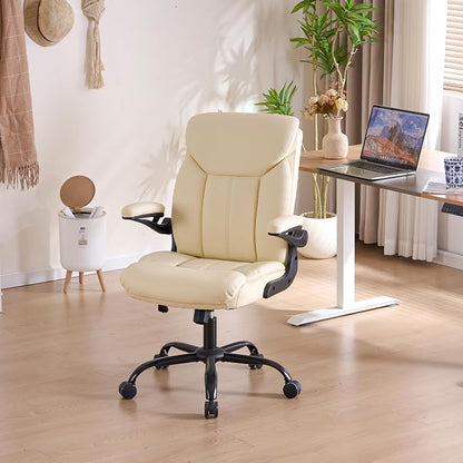 Home Office Ergonomic Desk Chair - Comfy Leather Executive Chair with Flip-Up Armrests, Height Adjustable Computer Chair for Gaming, 360° Swivel & Rocking (Beige)