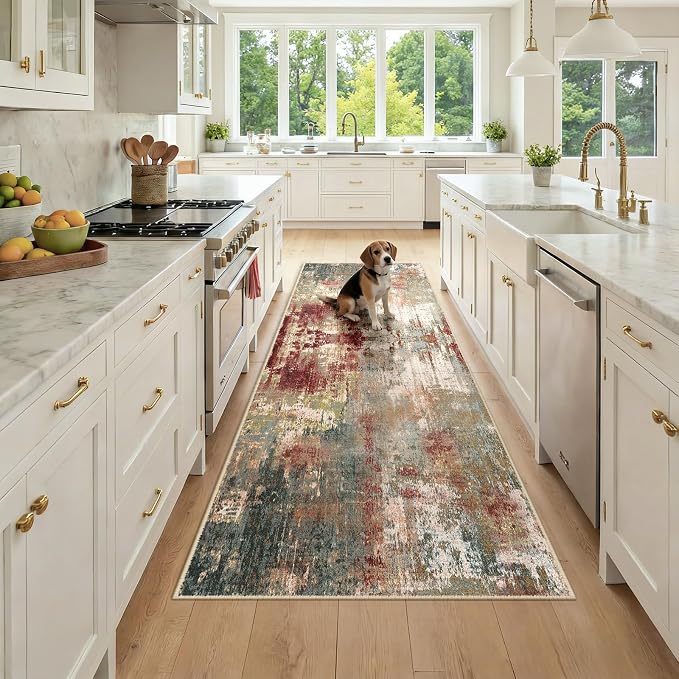 RELEANY Washable Area Rugs 3x8 Non-Slip Modern Abstract Soft for Living Room Entryway Bedroom Kitchen, Print Pattern, Brown Rust Red Green Blue Multi