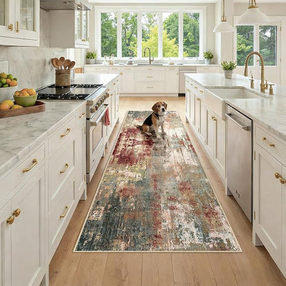 RELEANY Washable Area Rugs 3x8 Non-Slip Modern Abstract Soft for Living Room Entryway Bedroom Kitchen, Print Pattern, Brown Rust Red Green Blue Multi