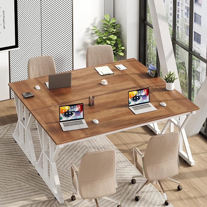 TVU Computer Desk, 55 inch Large Office Desk, Study Writing Table with Thicken Frame, Gaming Desk, Modern Simple Desk for Home Office, Brown