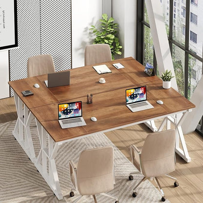 TVU Computer Desk, 55 inch Large Office Desk, Study Writing Table with Thicken Frame, Gaming Desk, Modern Simple Desk for Home Office, Brown