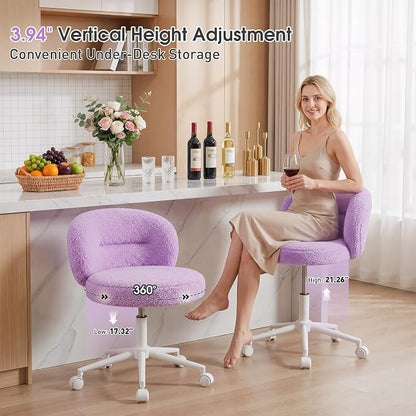 Homkdom Small Round Vanity Chair, Armless Home Office Desk Chairs with Back, Height Adjustable & 360° Swivel, Cute Comfy Vanity Computer Chair for Bedroom, Home Office, Purple