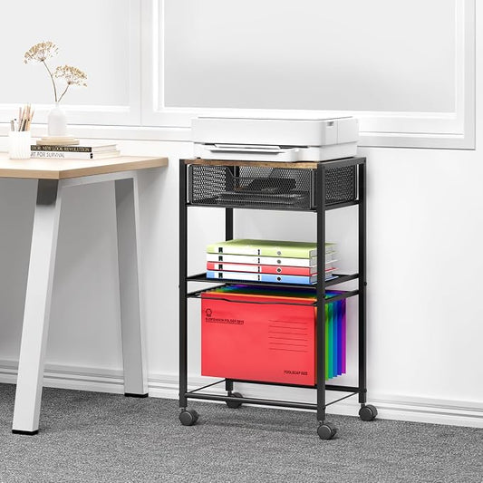 Cawukege 3 Tier Printer Stand, Mobile Table with Wheels, Printer Shelf Rolling Cart with Storage Desk Organizer Hanging File for Office Home, Brown