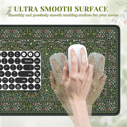 iCasso Aesthetic Floral Desk Mat, L Mouse Pads, Anti-Slip Mousepad with Stitched Edges, Waterproof Computer Pad 11.8"x31.5", Desk Accessories Office Decor for Women(Retro Green)