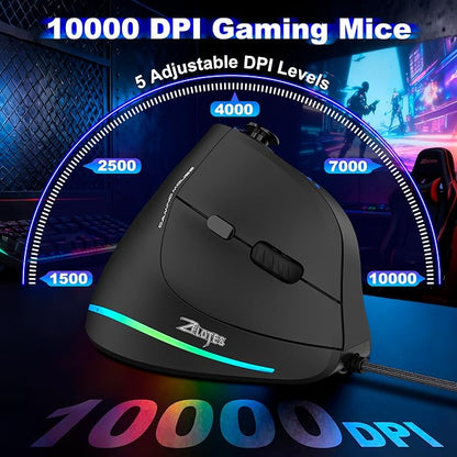 TRELC Gaming Mouse with 5 D Rocker, Vertical Ergonomic Mouse with 11 Programmable Buttons, 10000 DPI, On-Board Memory, Optical Computer Mice for PC/Laptop/E-Sports/Gamer (Wired)