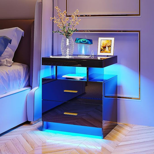 HNEBC Auto LED Nightstand with Wireless Charging Station & USB Ports,High Gloss Bedside Tables with 2 Drawers,Floating Nightstand with 3 Color & Adjustable Brightness for Bedroom,Black