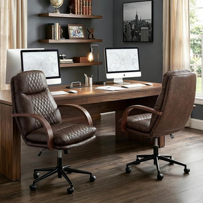 KISLOT Home Office Desk Chair, Ergonomic Office Chair with Lumbar Support, Adjustable Swivel Computer Chair with Wheels, Faux Leather Executive Task Chair with Wood Arms, Set of 2, Espresso