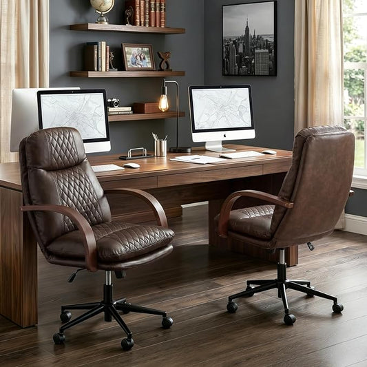 KISLOT Home Office Desk Chair, Ergonomic Office Chair with Lumbar Support, Adjustable Swivel Computer Chair with Wheels, Faux Leather Executive Task Chair with Wood Arms, Set of 2, Espresso
