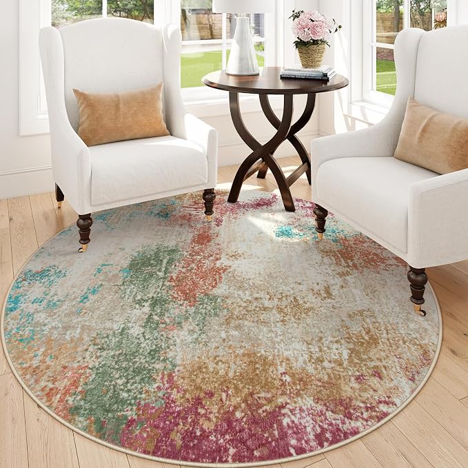 Lahome Modern Abstract Round Rugs for Living Room, 5ft Washable Ultra Thin Round Area Rug Non Slip, Multi Color 5x5 Circle Throw Carpet for Office Bedroom Dining Room Under Table