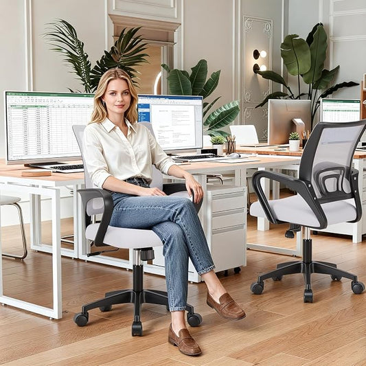BestOffice | Ergonomic Office Chair | Mid-Back Swivel Desk Chair | Breathable Backrest & Lumbar Support | Adjustable Height | Sponge Seat | Rolling Wheels | White | for Adults & Women