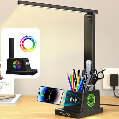 cozoo LED Desk Lamp for Home Office, Desk Light with 15W Wireless Charger Pen Holder, 12 Lighting Modes Desk Lamp for Bedroom, Small Table Lamp for College Dorm, Study, Craft, Nail, Matte Black
