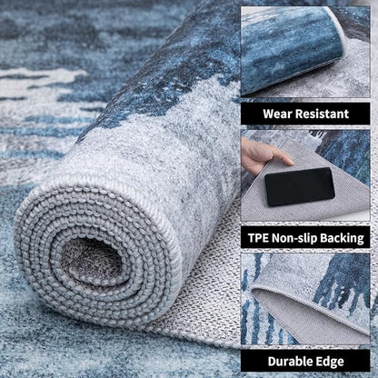 Ciicool 5ft Round Washable Rug, Modern Abstract Circle Rugs, Non-Slip Thin Low-Pile Rug Navy Grey Circular Print Distressed Carpet for Bedroom Living Room Under Dining Table Home Office Decor